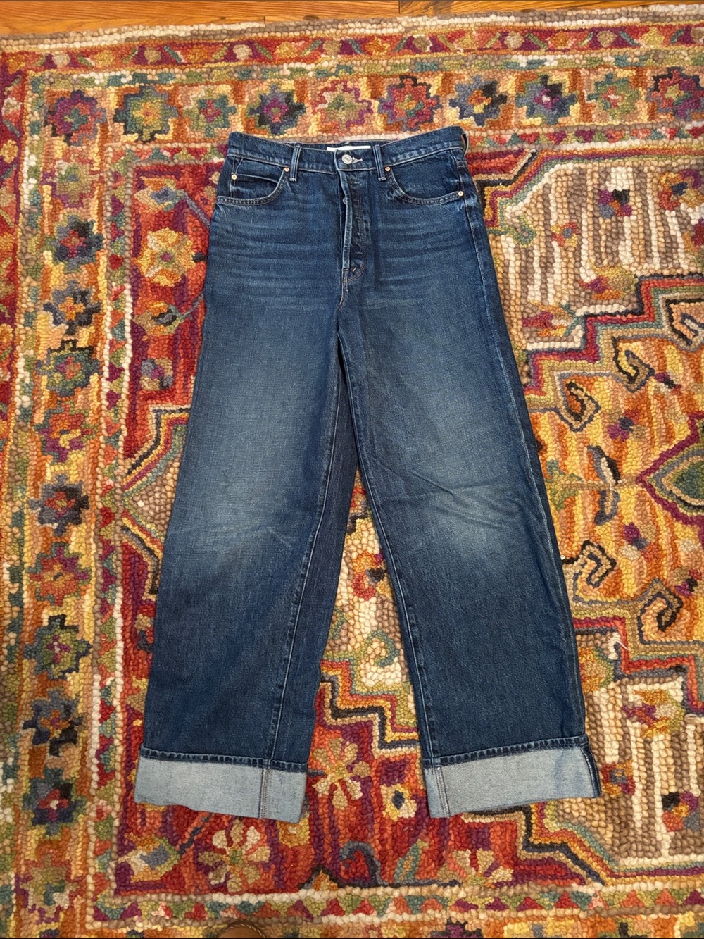 Lil’ MOTHER Cuffed Wide Leg Jeans in Dark Blue